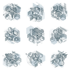 Fototapeta na wymiar Vector backgrounds with abstract isometric lines and figures. Templates made with cubes, hexagons, squares, rectangles and different abstract elements. Vector set.