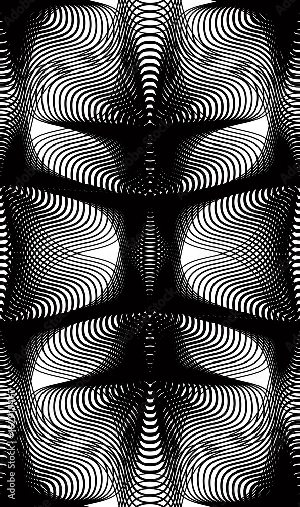 Poster black and white illusive abstract seamless pattern with overlapping shapes. vector symmetric backdro