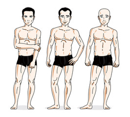 Confident handsome men posing in black underwear. Vector people illustrations set.