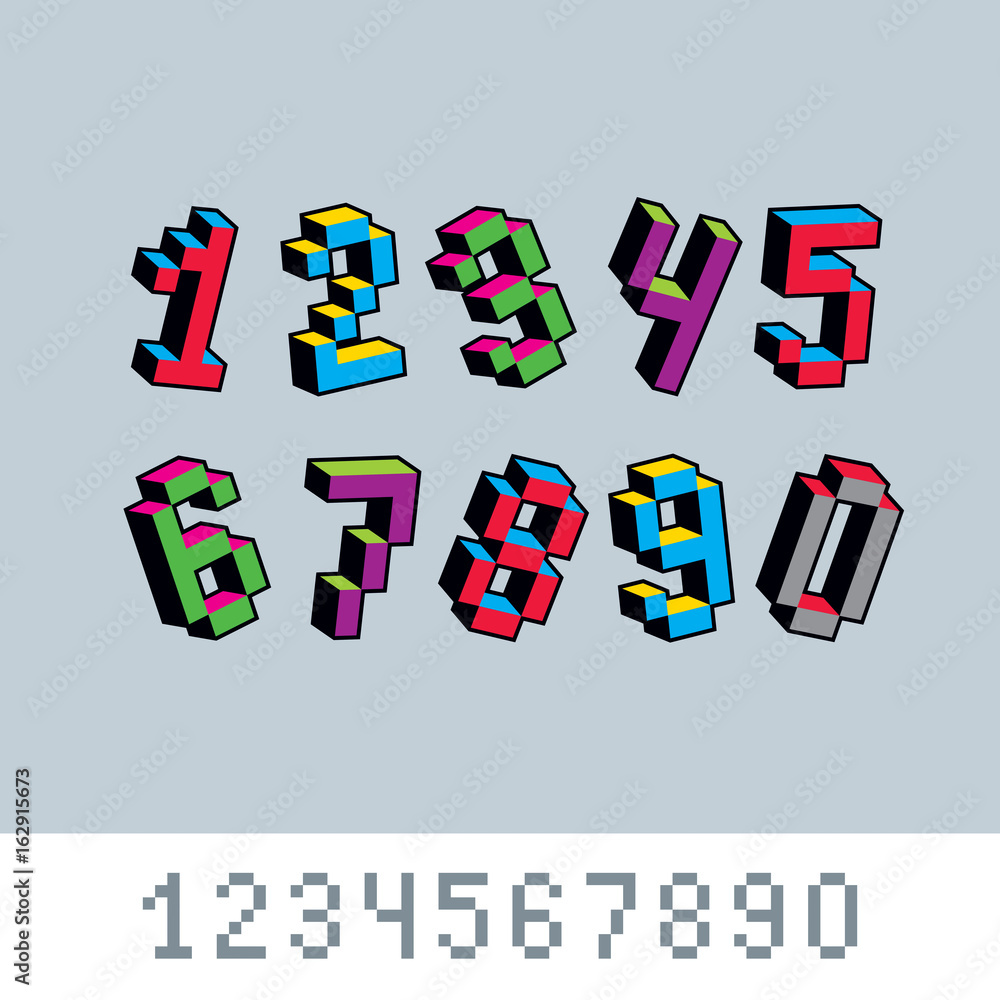 Poster vector digits, numerals created in 8 bit style. pixel art numbers set, 3d mathematics design element