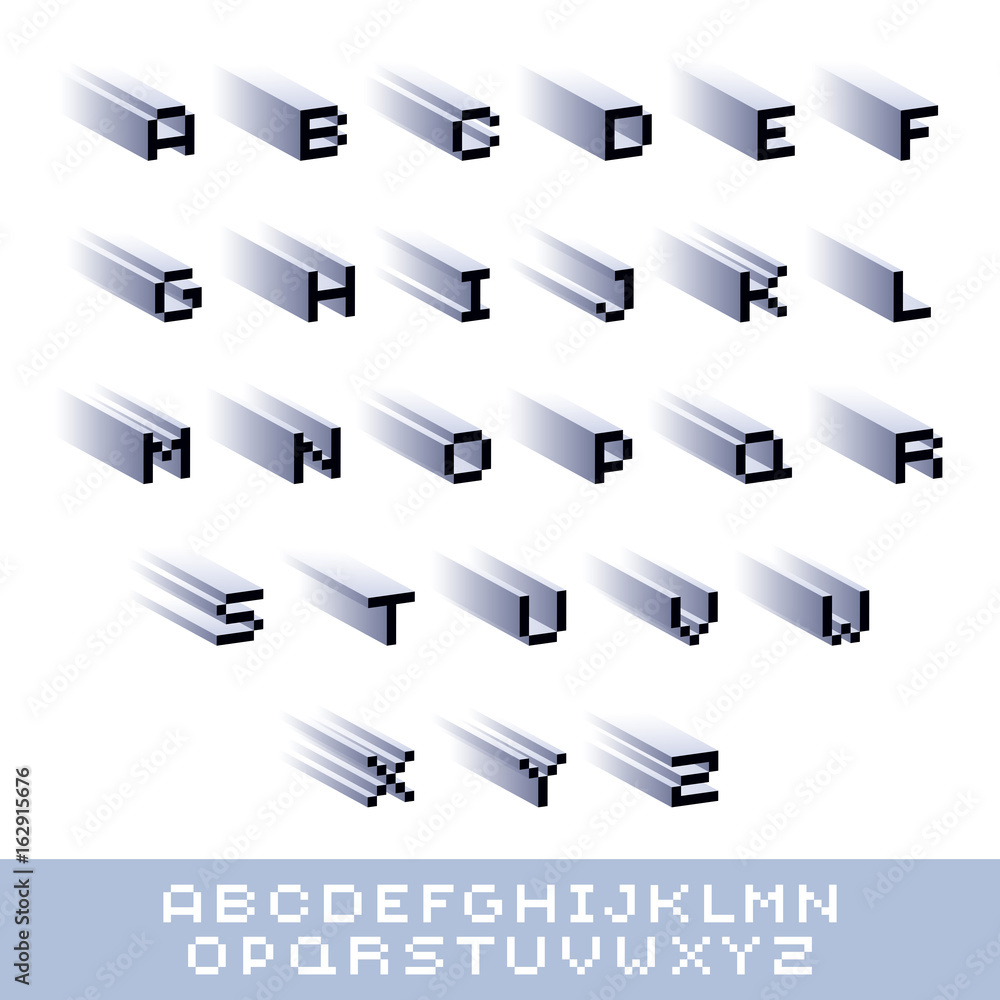 Poster cybernetic 3d alphabet letters, pixel art vector digital typescript. pixel design elements, contempo