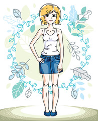 Attractive young blonde woman posing on background of spring landscape and wearing different casual clothes. Vector nice lady illustration. Springtime theme clipart.