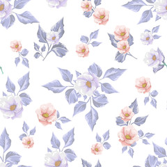 Floral seamless pattern with soft blue  bouquets of flowers.  Vector hand drawn background.
