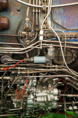 Side view of jet airplane engine close up.