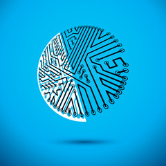 Vector abstract computer circuit board illustration, circular technology element with connections. Electronics theme web design.