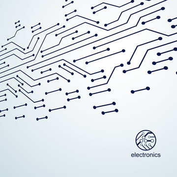 Vector abstract computer circuit board illustration, technology element with connections. Electronics theme web design. Modern technology communication.