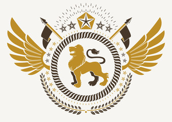 Vintage winged emblem created in vector heraldic design and composed using wild lion illustration, laurel wreath and pentagonal stars.