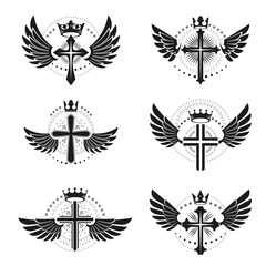 Crosses of Christianity emblems set. Heraldic vector design elements collection. Retro style label, heraldry logo.