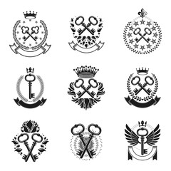 Fototapeta na wymiar Ancient Keys emblems set. Heraldic Coat of Arms decorative logos isolated vector illustrations collection.