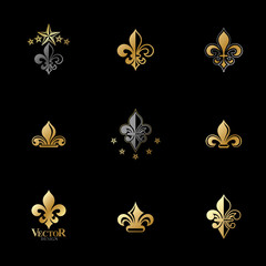 Fototapeta na wymiar Royal symbols Lily Flowers emblems set. Heraldic vector design elements collection. Retro style label, heraldry logo.