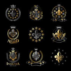 Fototapeta na wymiar Royal symbols Lily Flowers emblems set. Heraldic vector design elements collection. Retro style label, heraldry logo.