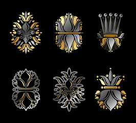 Fototapeta na wymiar Royal symbols Lily Flowers, floral and crowns, emblems set. Heraldic vector design elements collection. Retro style label, heraldry logo.