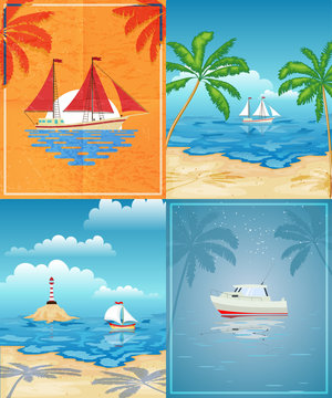 Set Sailboats  in the sea. Tropical beach with palm trees. Rest, travel.Vector illustration.