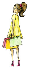watercolor sketch of young woman with shopping bags isolated on white background