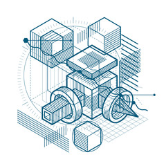 Isometric linear abstract vector background, lined abstraction. Cubes, hexagons, squares, rectangles and different abstract elements.