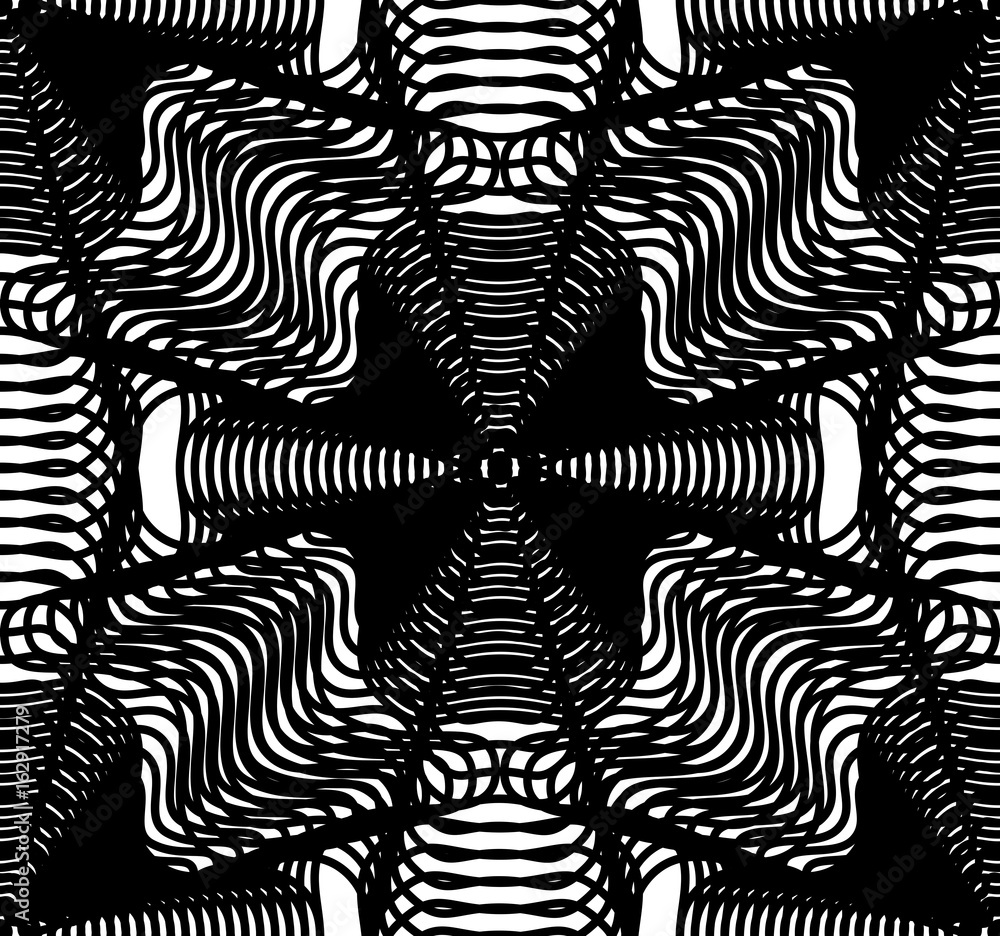 Aufkleber black and white illusive abstract seamless pattern with overlapping shapes. vector symmetric backdro