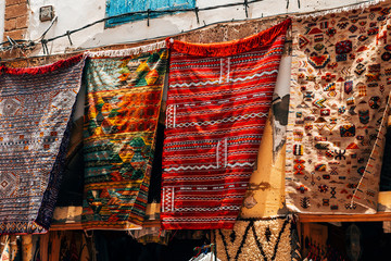 colorful carpets at moroccan shop