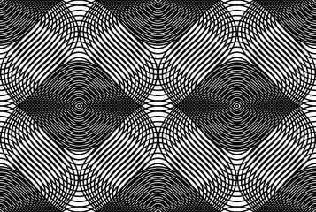Geometric monochrome stripy overlay seamless pattern, black and white vector abstract background. Graphic symmetric kaleidoscope backdrop.