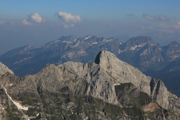 Wildhuser Schofberg, mountain seen from Mount Santis. Visible rock layers.