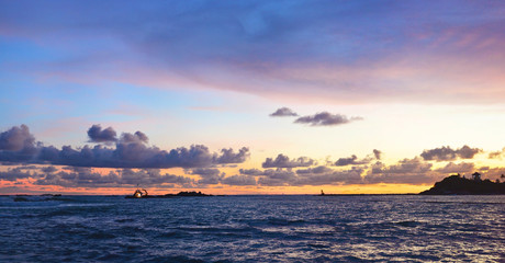 Beautiful panoramic view of the sunset on the Unawatuna tropical beach, Sri Lanka