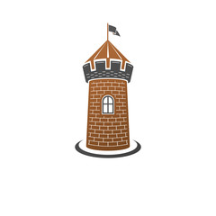 Medieval tower decorative isolated vector illustration. Ancient Fort logo in old style isolated on white background.