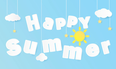 3d happy summer greeting card paper art style design background vector illustration