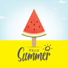 Hello summer heading with watermelon ice-cream illustration vector on blue sky background. Summer concept.