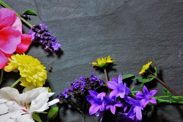 Flowers bloom on a slate plate united to a still life