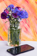 A bouquet of variegated cornflowers with a mobile phone on a color background