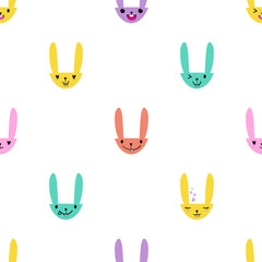 Naklejka na ściany i meble Colorful seamless pattern with cute Easter bunny faces with happy and lovely emotions, hand-drawn rabbits with various expressions, EPS 10