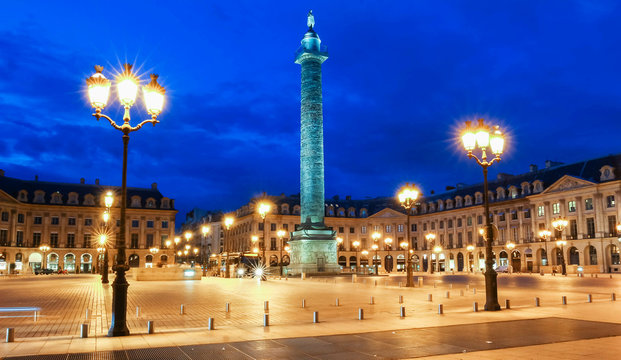 The Vendome column , the Place Vendome at night, Paris, France.