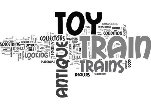 WHERE TO FIND ANTIQUE TOY TRAINS TEXT WORD CLOUD CONCEPT