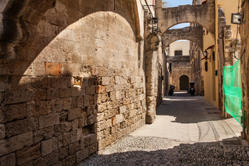 Houses of the locals and narrow streets in the city center in the Old Town of the capital of the island of Rhodes.
