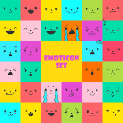Square colorful emoticons with different emotions, vector set of various hand-drawn cute expressions, EPS 8