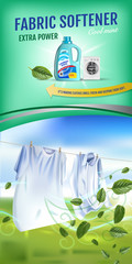 Mint fragrance fabric softener gel ads. Vector realistic Illustration with laundry clothes and softener rinse container. Vertical banner