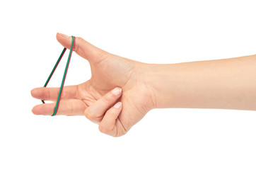 Female hands hold a rubber band. Isolated on white background