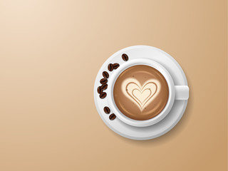 Realistic top view coffee cup and coffee bean. Vector illustration