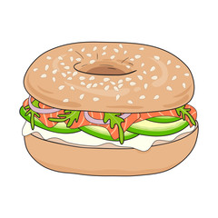 Fresh bagel sandwich with cream cheese, salmon fillet, avocado, rucola and onions. Delicious breakfast. Take away fast food. Vector illustration.