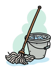 cleaning mop and water bucket / cartoon vector and illustration, hand drawn style, isolated on white background.