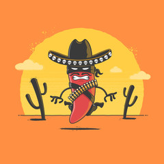 Angry chili pepper desperado ready for gunfight duel in desert sunset. Vector cartoon illustration