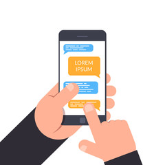 Hand holding and pointing to a smartphone. concept of design online chat, messenger, business correspondence with the place for your text on the smartphone screen. Isolated on white background.