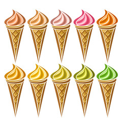 Vector set of Ice Cream in waffle Cone: 10 wafer cones with different flavor ice cream isolated on white background, soft mixed gelato ice cream served of swirl cone, vanilla pistachio creamy dessert.