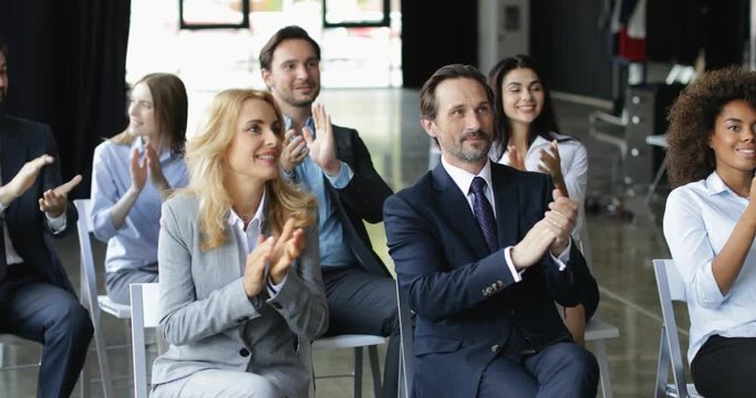 Group Of Business People Applauding Congradulating Businesswoman With Successful Presentation At Conference Meeting In Office Slow Motion 60