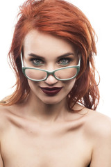 Eyewear glasses woman portrait isolated on white. Spectacle frame type 5