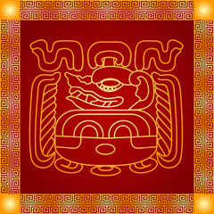 Golden symbolic vector ornaments of American native Indians, Aztec and Maya