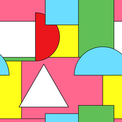 Bright seamless pattern with geometric shapes. Colorful design - memphis style 80-90s.