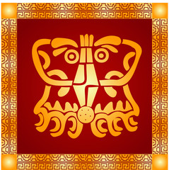 Golden symbolic vector ornaments of American native Indians, Aztec and Maya