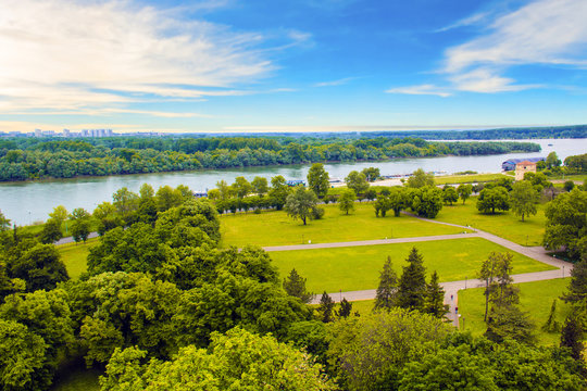 Beautiful view of the park near the fortress Kalemegdan over the river Savva in Belgrade, Serbia, on a sunny day