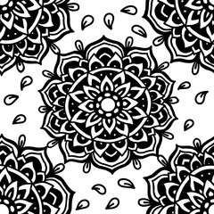 Abstract background. Vector illustration. Ethnic mandala monochrome seamless pattern. Indian ornament.