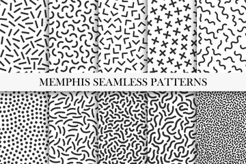 Collection of memphis seamless patterns. Fashion 80-90s. Black and white mosaic textures.